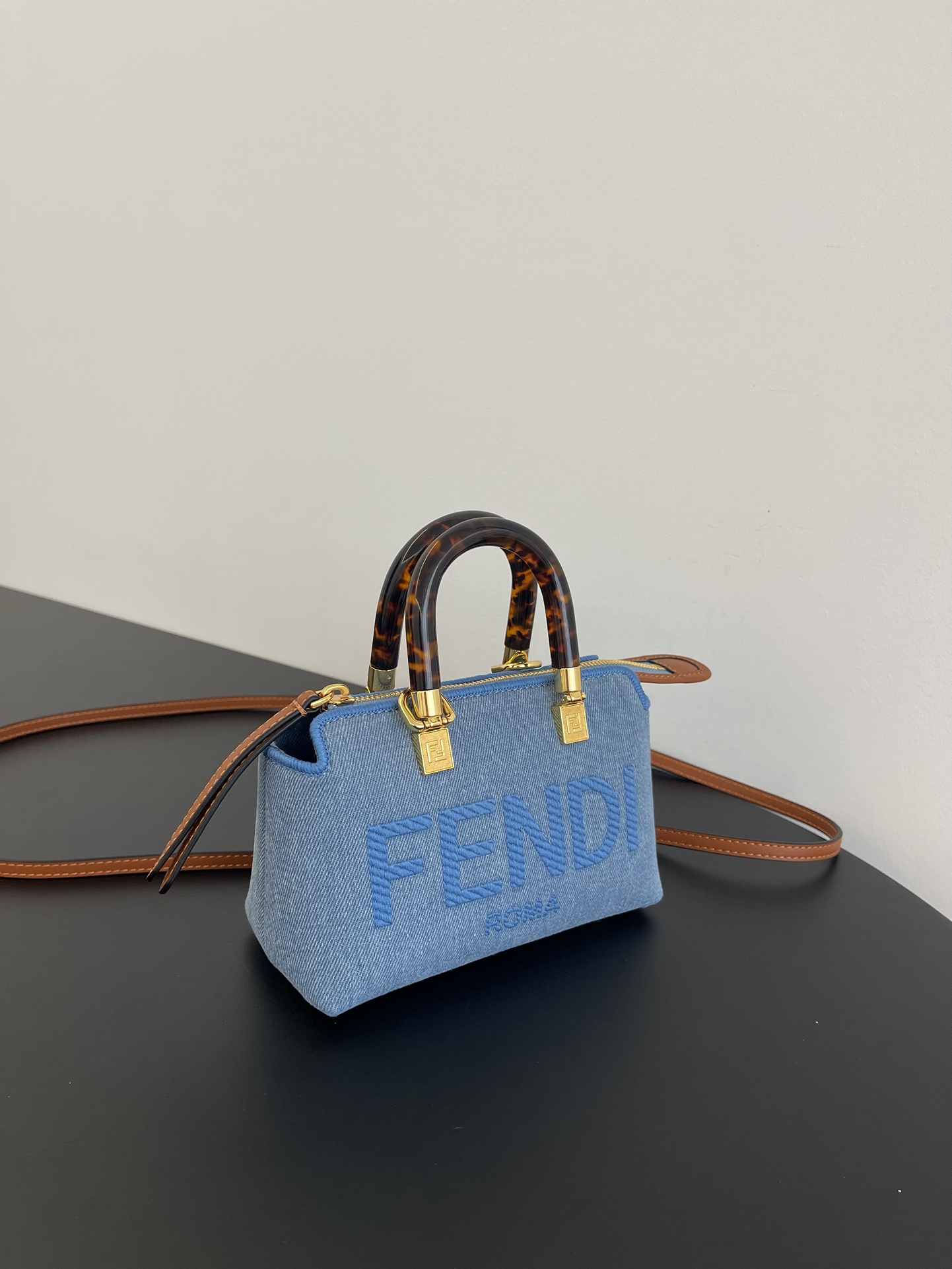 Fendi Mini By The Way Denim Fabric Boston Shoulder Bag Blue